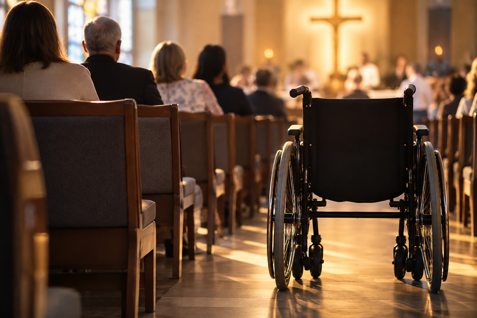 An empty wheelchair in a church sanctuary, with warm sunlight falling across the pews
